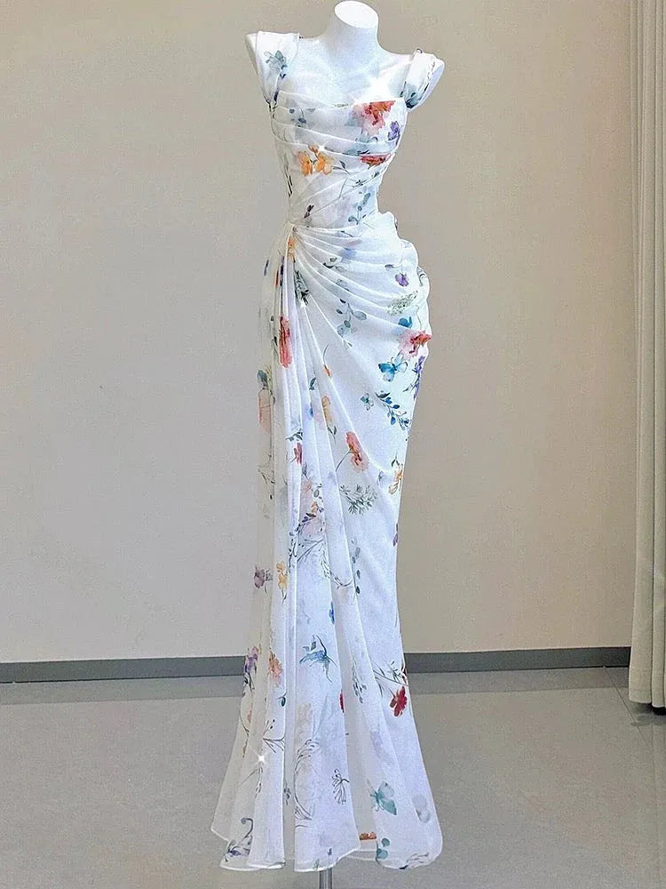 Elegant Mermaid Square Ruched Floral White Train Prom Dress For Female Guests