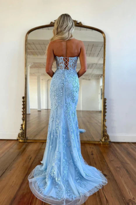 Elegant Mermaid Strapless Lace Sky Blue Floor-Length Evening Dress