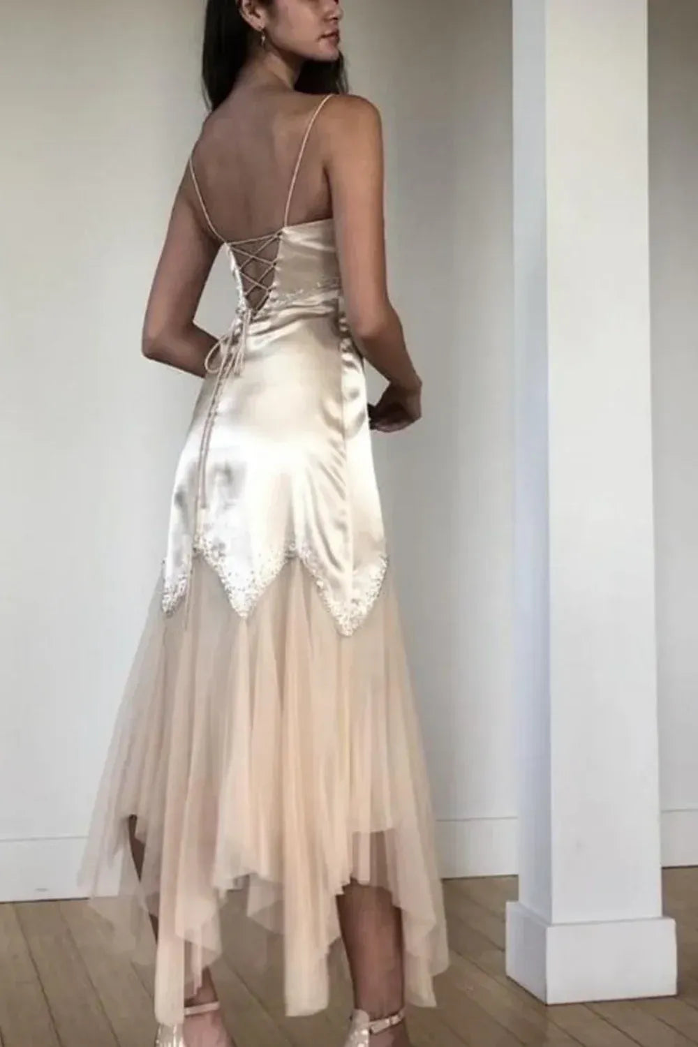 Elegant Mermaid/Trumpet V Neck Sleeveless Pleated Satin Floor-Length Prom Dress