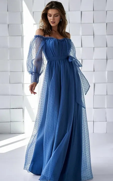 Elegant Off-the-Shoulder A Line Tulle Floor-Length Dress with Ruching Sash/Formal Women's Dresses