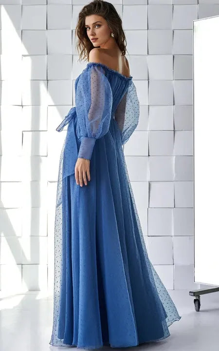 Elegant Off-the-Shoulder A Line Tulle Floor-Length Dress with Ruching Sash/Formal Women's Dresses