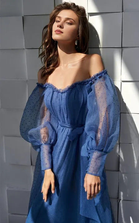 Elegant Off-the-Shoulder A Line Tulle Floor-Length Dress with Ruching Sash/Formal Women's Dresses