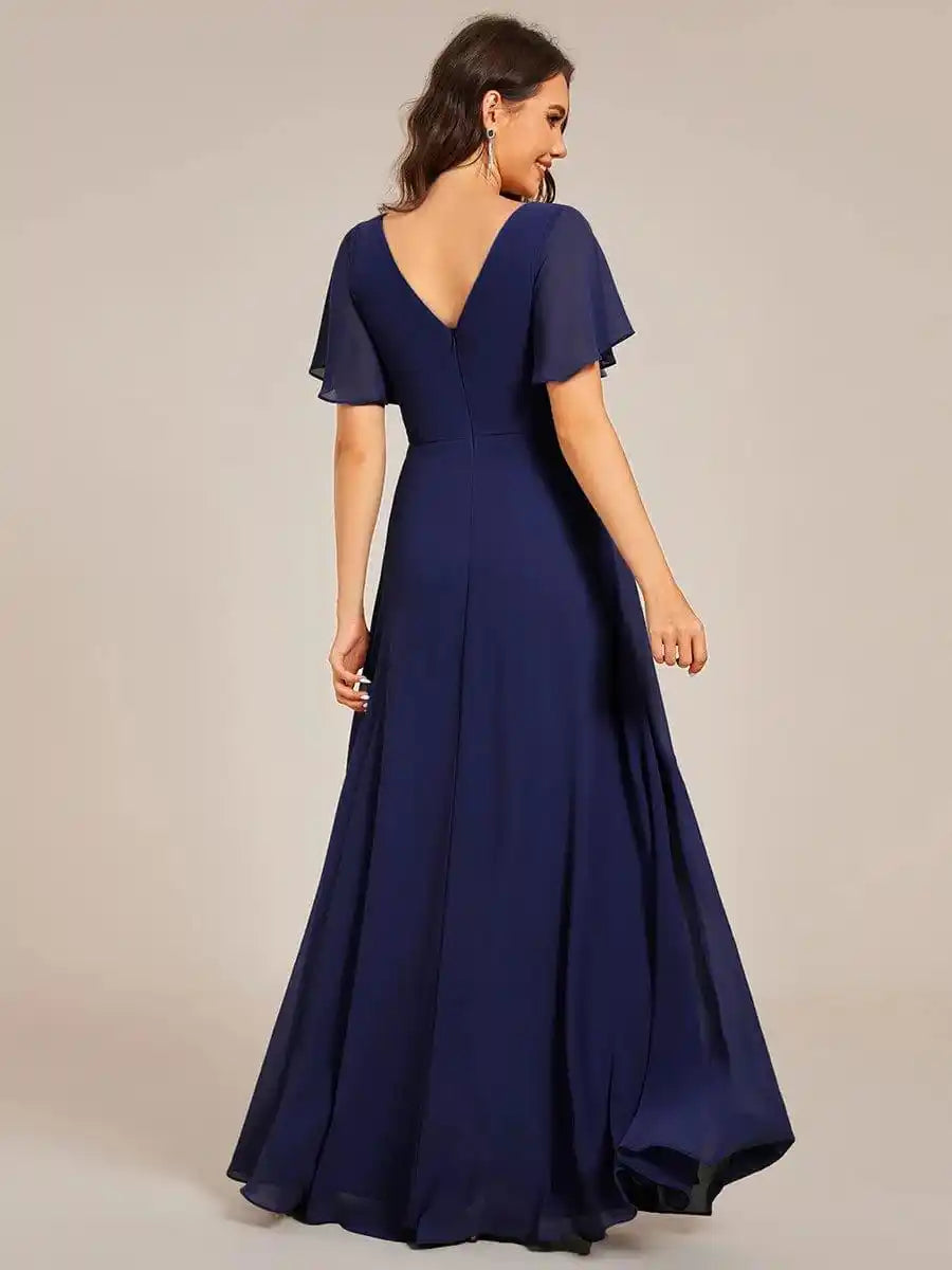 Elegant Pleated Short Sleeve Deep V-Neck Maxi Formal Evening Dress Mother Of The Bride Dresses