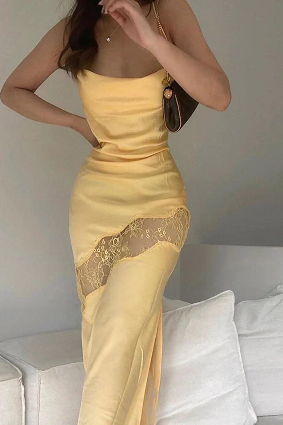 Elegant Satin-Lace Long Evening Dress Yellow Sweetheart Spaghetti Strap for Women