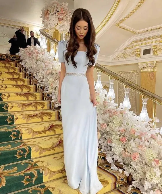 Elegant Satin Long Evening Dress Sky Blue Square Neck Puff Sleeve for Women