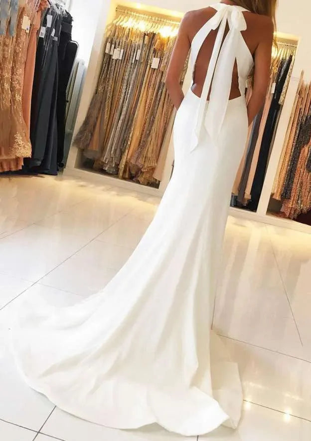 Elegant Satin Long Evening Dress White Halter-Neck Sleeveless Party Gown for Women