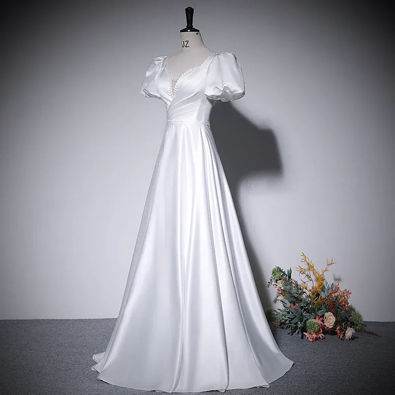 Elegant Satin Long Evening Dress White V Neck Puff Sleeve for Women