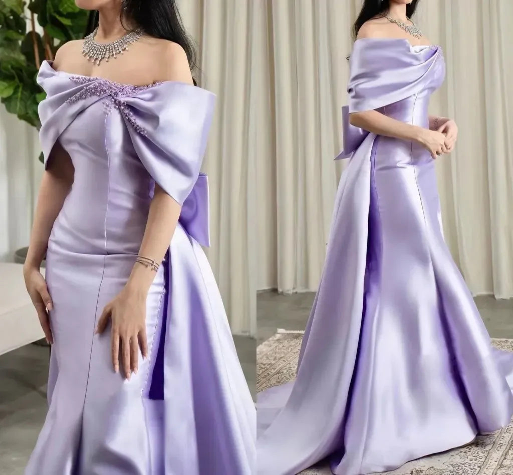 Elegant Satin Maxi Evening Dress Lavender Off-Shoulder Bow Accents for Women
