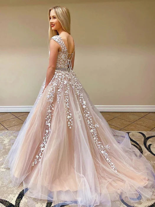 Elegant Scoop Neck Cap Sleeve Lace Champagne Floor-Length Prom Dress