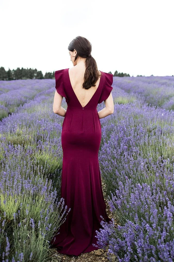 Elegant Sheath Boat Neck Flounced Sleeves V Back Floor-Length Prom Dress
