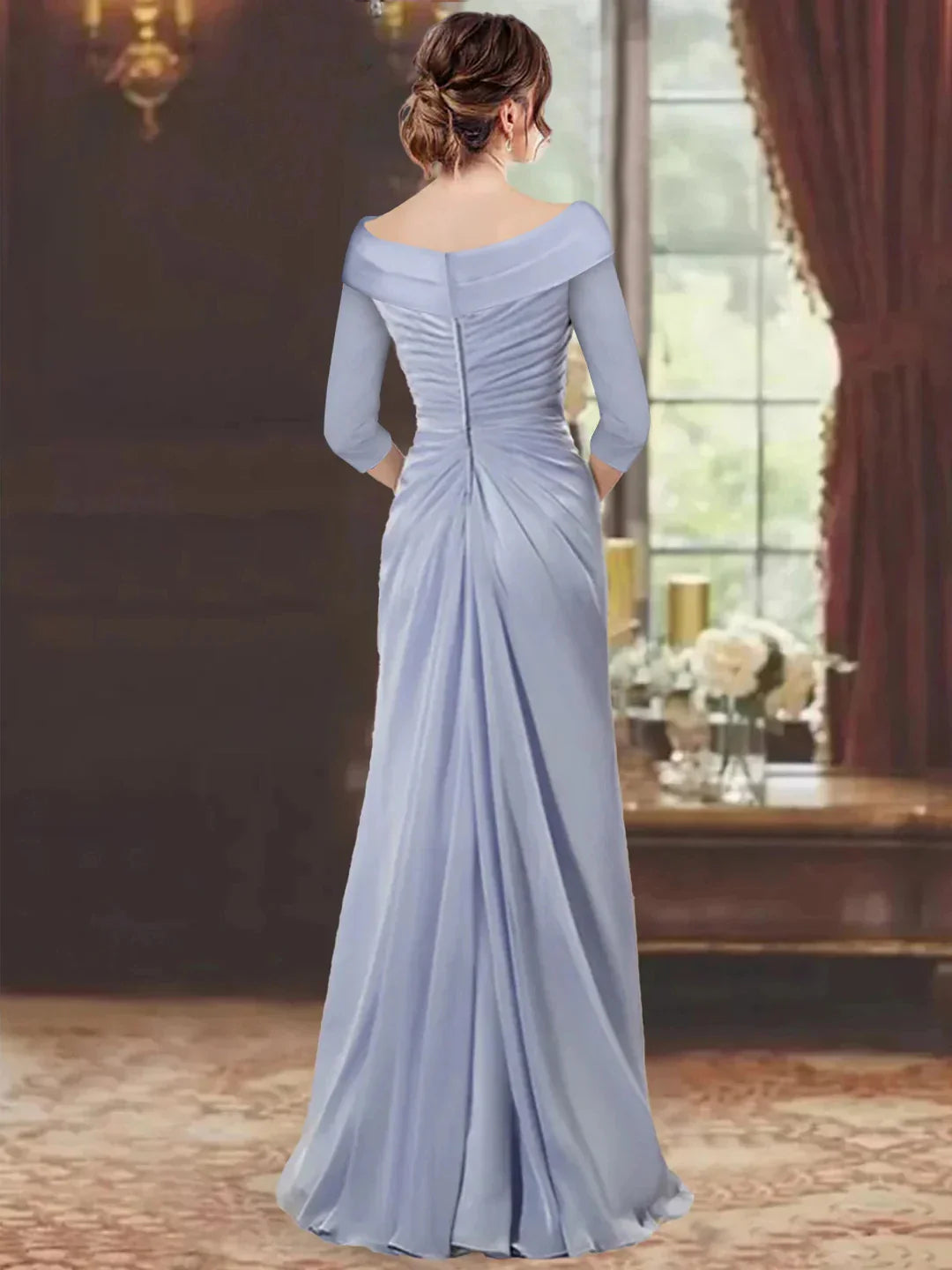 Elegant Sheath Column V Neck 34 Sleeve Back Zip Floor-Length Mother of the Bride Dress for women