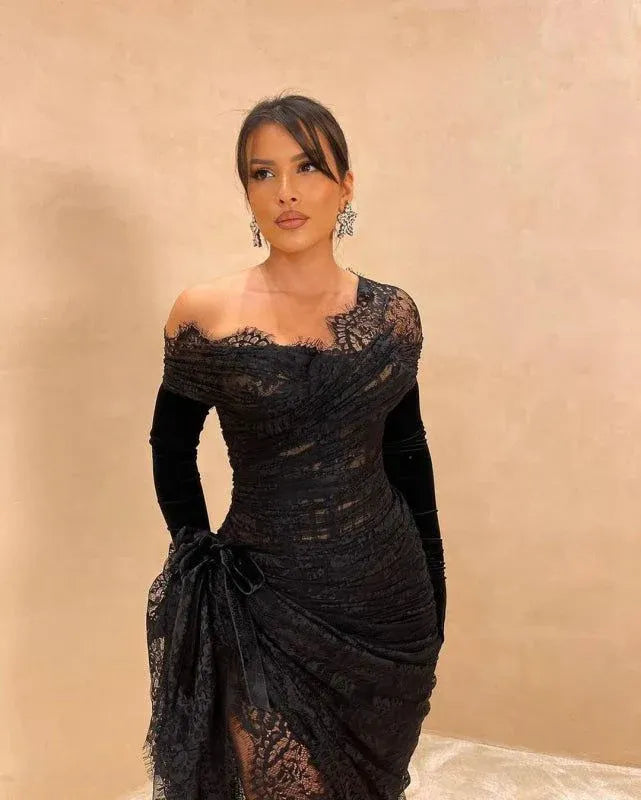 Elegant Sheath Off-Shoulder Long-Sleeve Lace Black Maxi Evening Dress for Women
