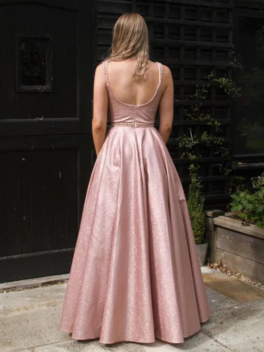 Elegant Square Neck Sleeveless Glitter Blush Pink Prom Dress
