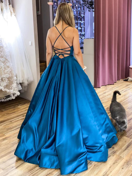 Elegant Square Neck Spaghetti Strap Satin Teal Floor-Length Prom Dress