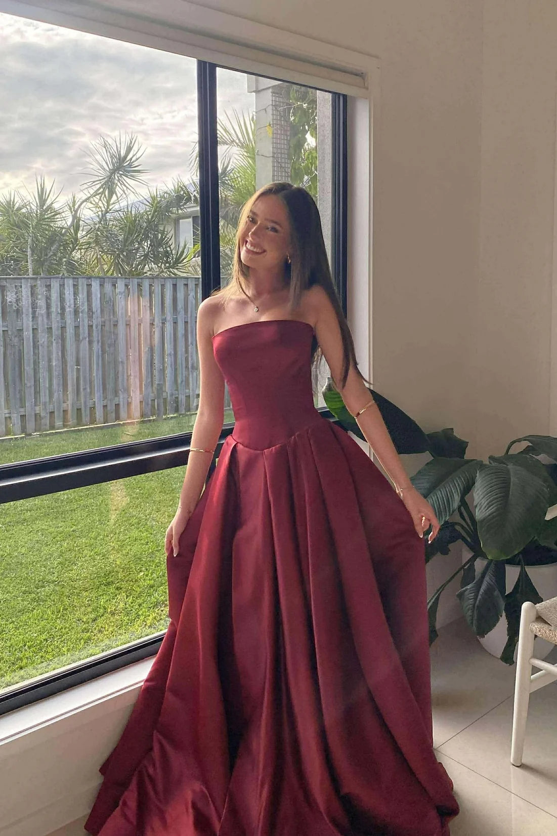 Elegant Strapless Burgundy Satin A-Line Floor-Length Prom Dress