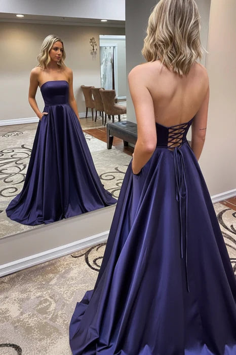 Elegant Strapless Sleeveless Satin Floor-Length Prom Dress