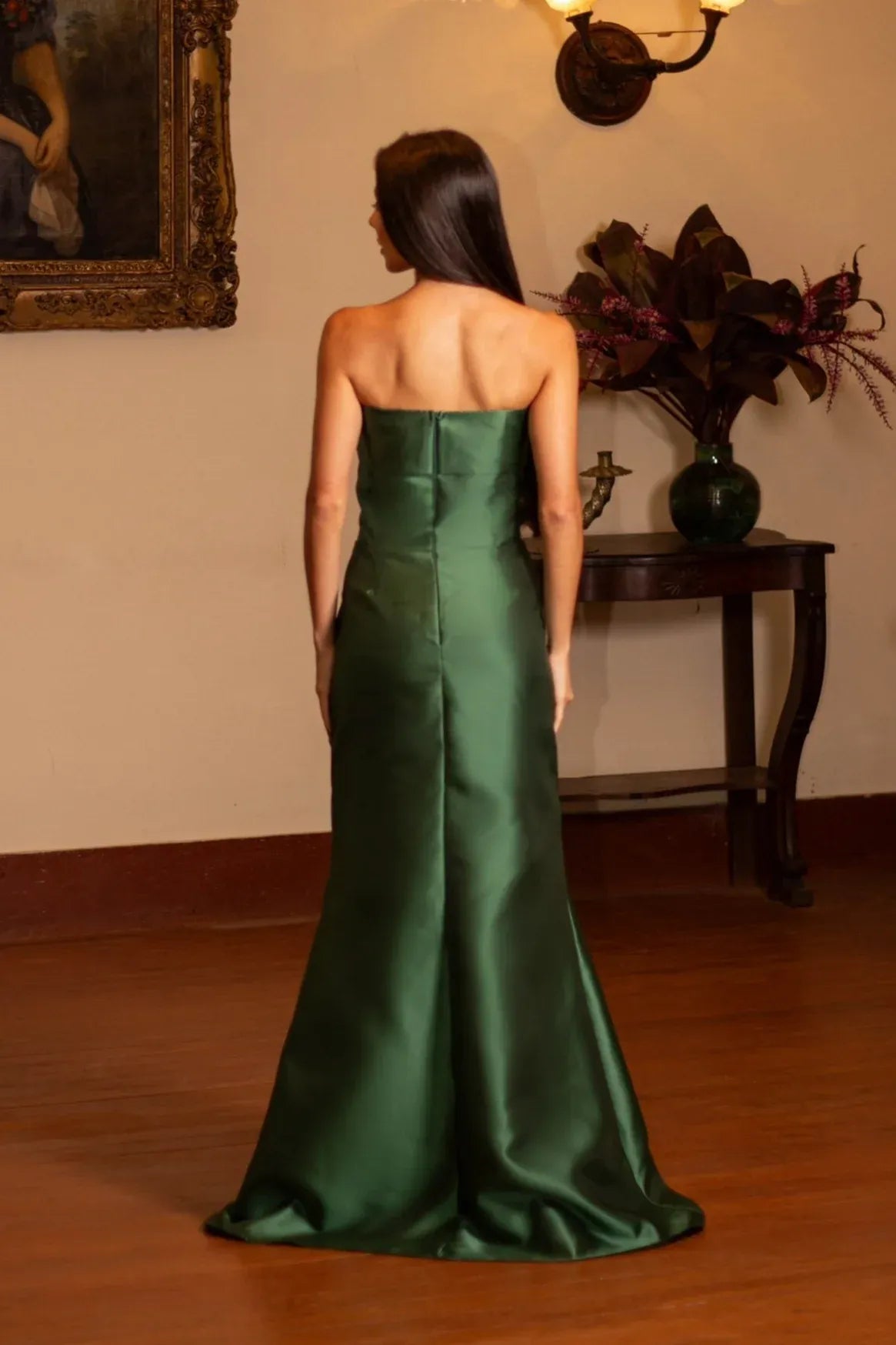 Elegant Strapless Sleeveless Sheath Satin Slit Floor Length Evening Dress