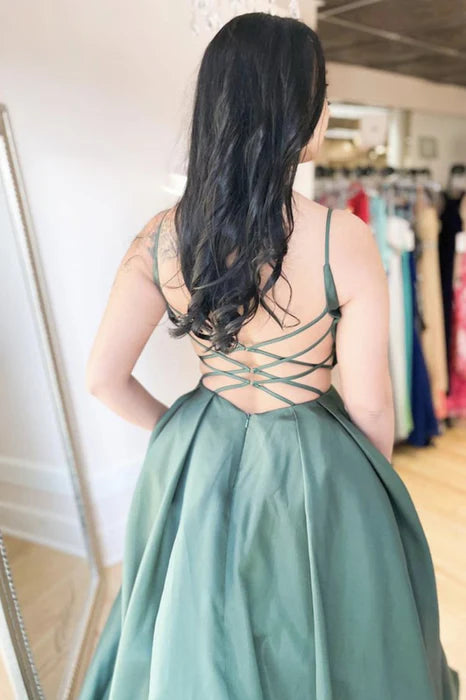 Elegant V-Neck Spaghetti Strap Satin Sage Green Floor-Length Prom Dress