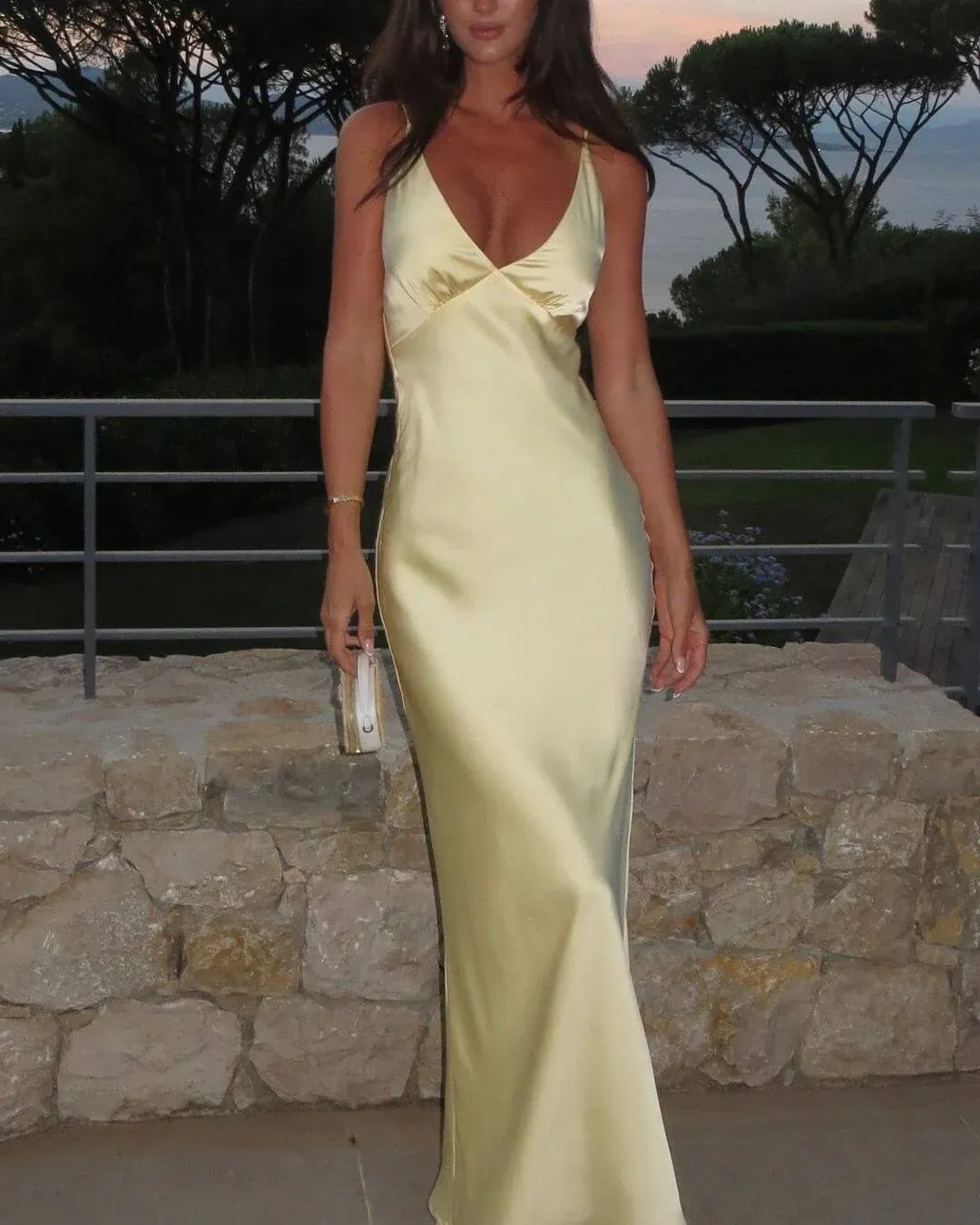 Elegant V Neck Sleeveless Fitted Satin Solid Color Floor Length Prom Dress