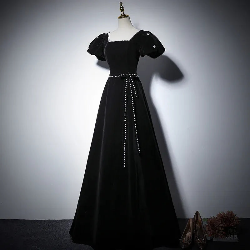 Elegant Velvet Long Evening Dress Black Square-Neck Puff-Sleeve Party Gown for Women