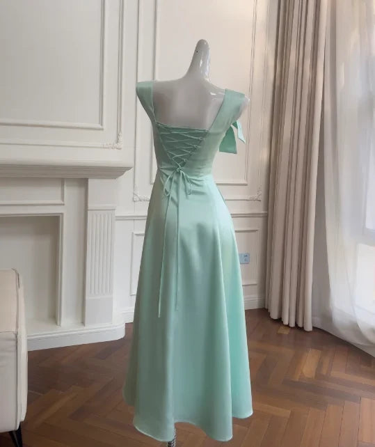 Elegant A-Line Draped Bow Mint Green Midi Evening Dress for Women