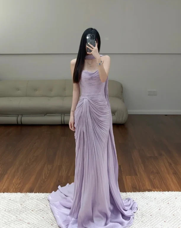 Elegant A-Line Draped Strapless Ruched Flowy Lavender Floor-Length Evening Dresses Gown