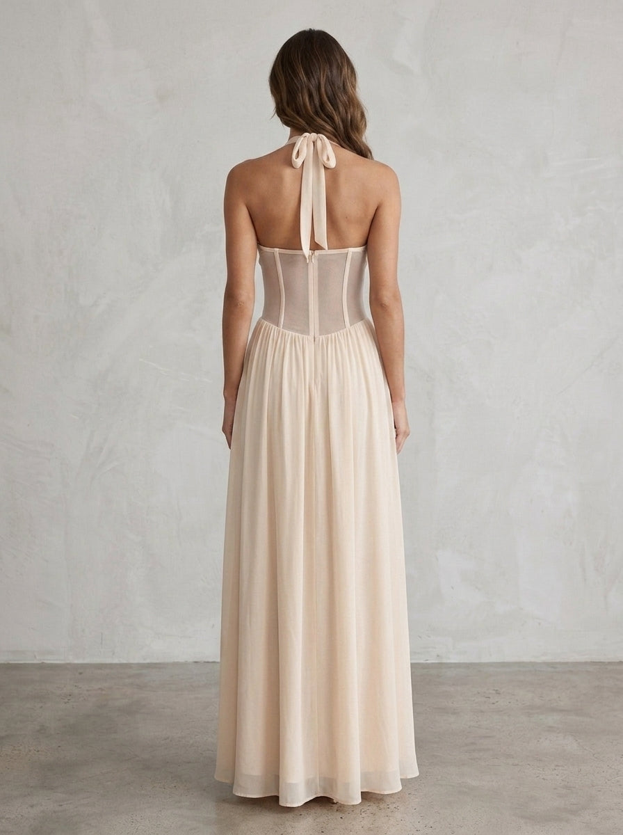 Elegant A-Line Halter Corset Mesh Flowy Cream Floor-Length Prom Dress For Women