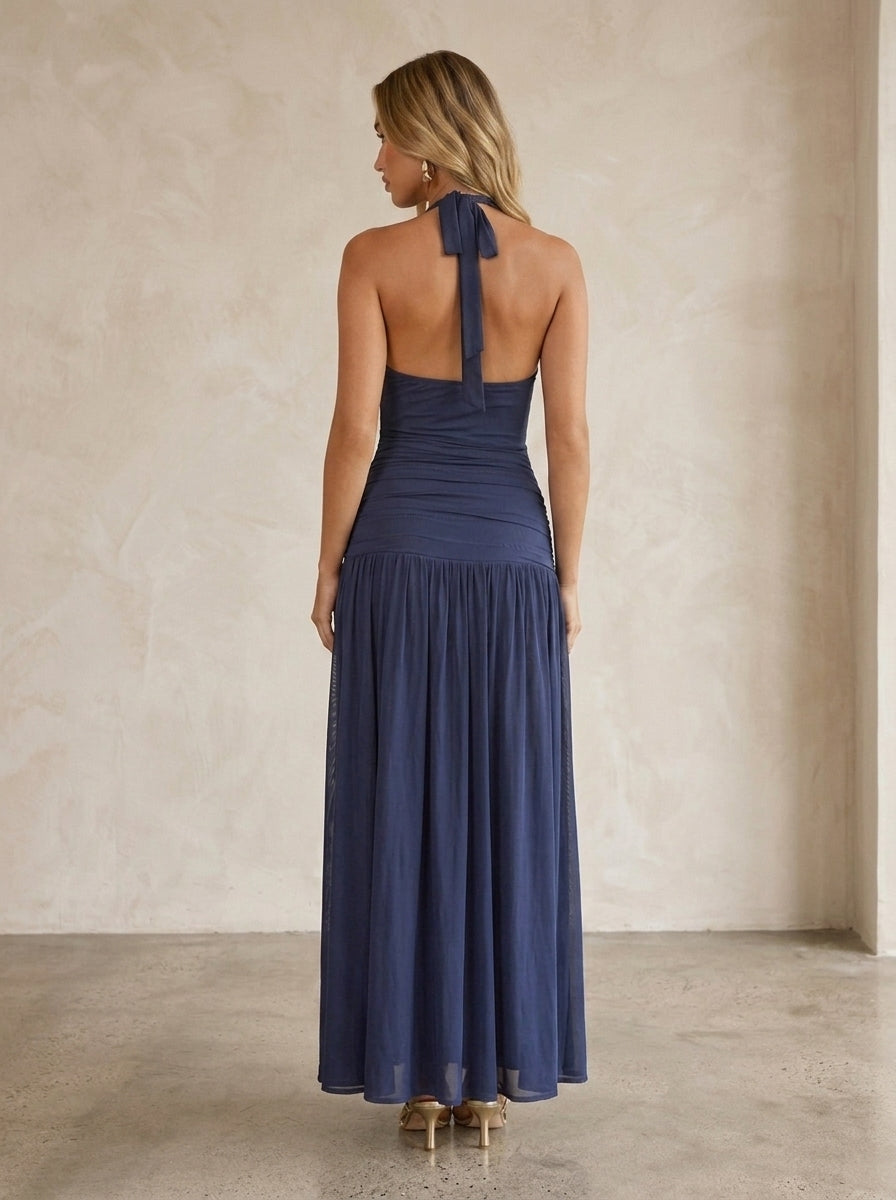 Elegant A-Line Halter Cowl Neck Draped Ruched Mesh Navy Blue Floor-Length Prom Dress