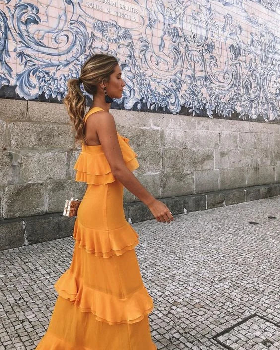Elegant A-Line Halter Sleeveless Ruffled Tiered Orange Maxi Evening Dress Women Gown