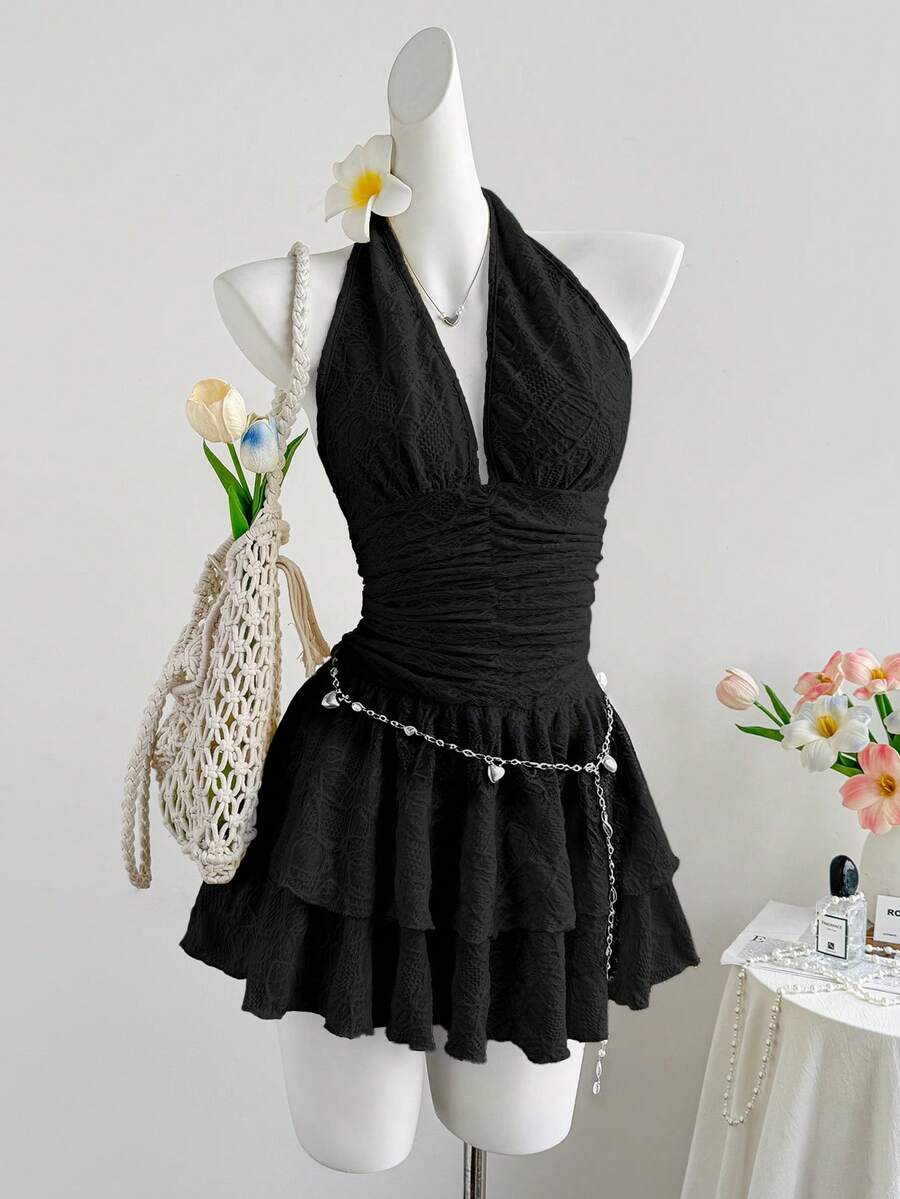 Elegant A-Line Halter V-Neck Ruched Tiered Ruffle Black Mini Homecoming Dresses
