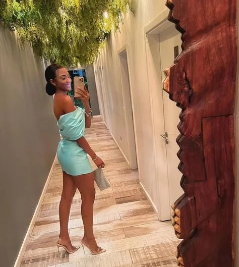 Elegant A-Line Off-Shoulder Bow Rhinestone Satin Aqua Blue Mini Homecoming Dress