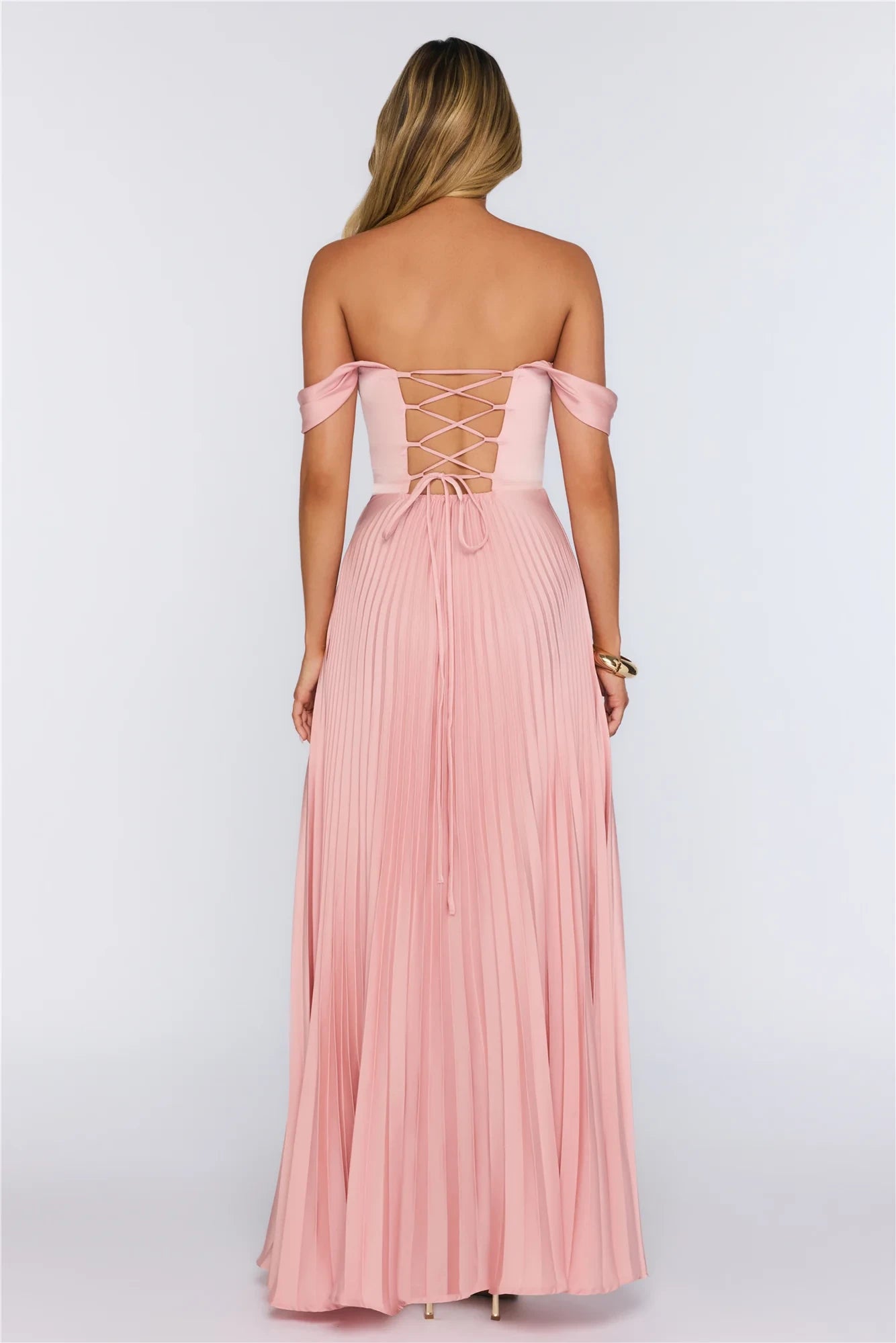Elegant A-Line Off-Shoulder Sweetheart Pleated Draped Satin Blush Pink Floor-Length Prom Dress