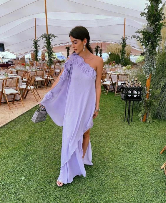 Elegant A-Line One-Shoulder Ruffled Lavender Floor-Length Evening Dress Gown