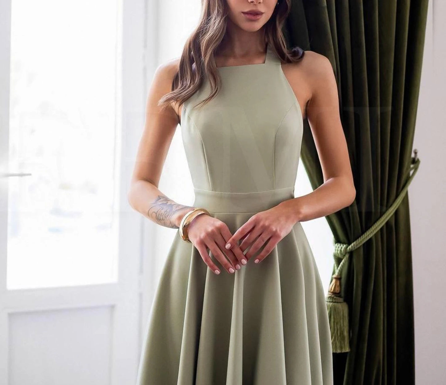 Elegant A-Line Square Halter Open Back Tie Lavender Midi Prom Dress For Women