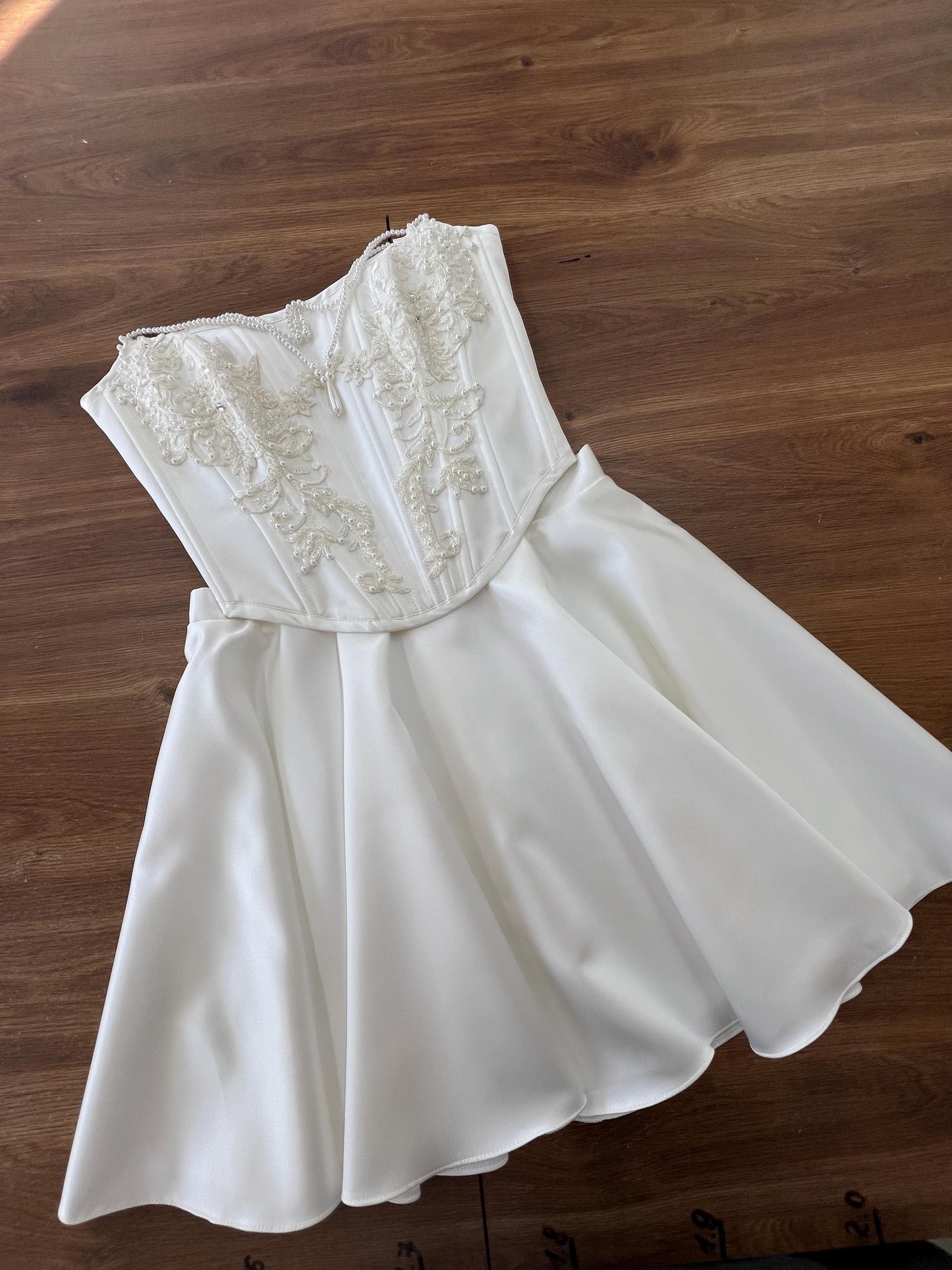 Elegant A-Line Strapless Beaded Satin Ivory Short Homecoming Dress With Applique