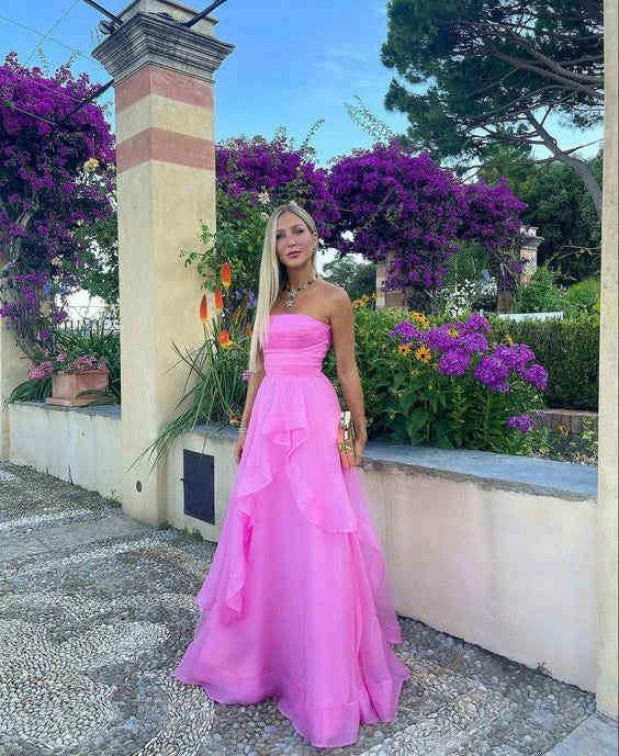 Elegant A-Line Strapless Ruffled Pink Floor-Length Evening Dress Women's Gown