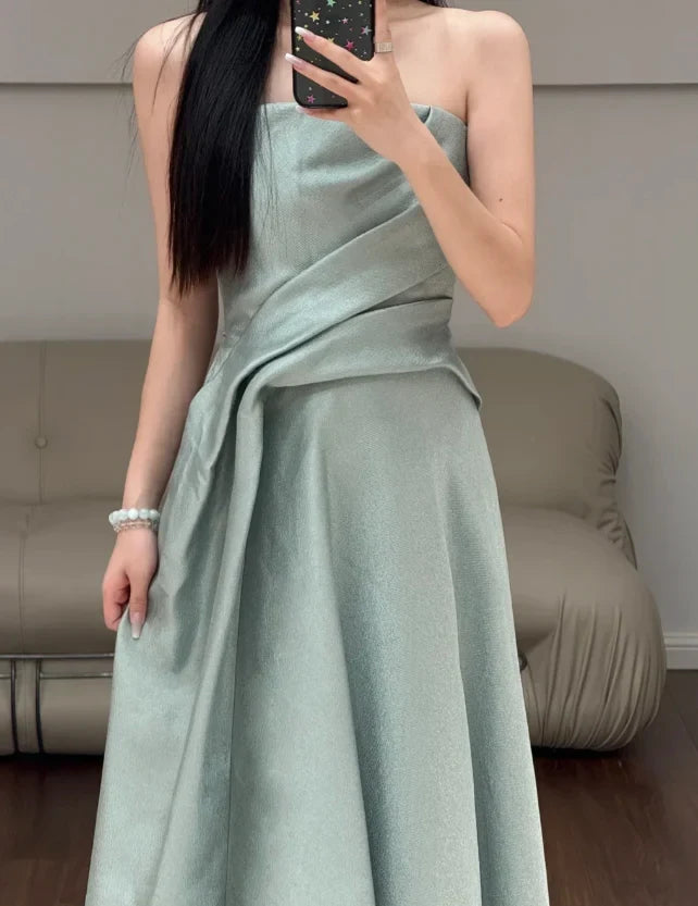 Elegant A-Line Strapless Sleeveless Draped Modern Sage Green Floor-Length Evening Dress