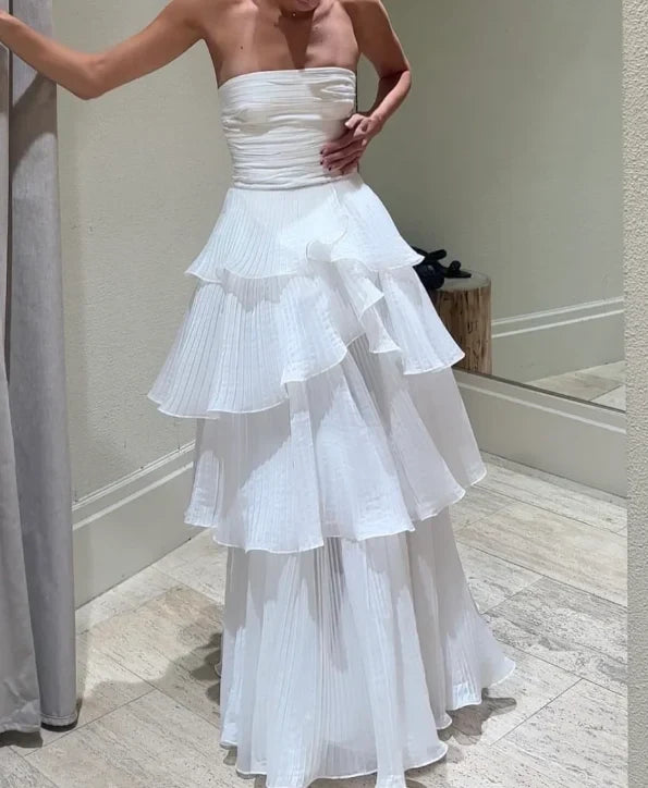 Elegant A-Line Strapless Sleeveless Ruched Tiered White Floor-Length Evening Dress Women's Gown