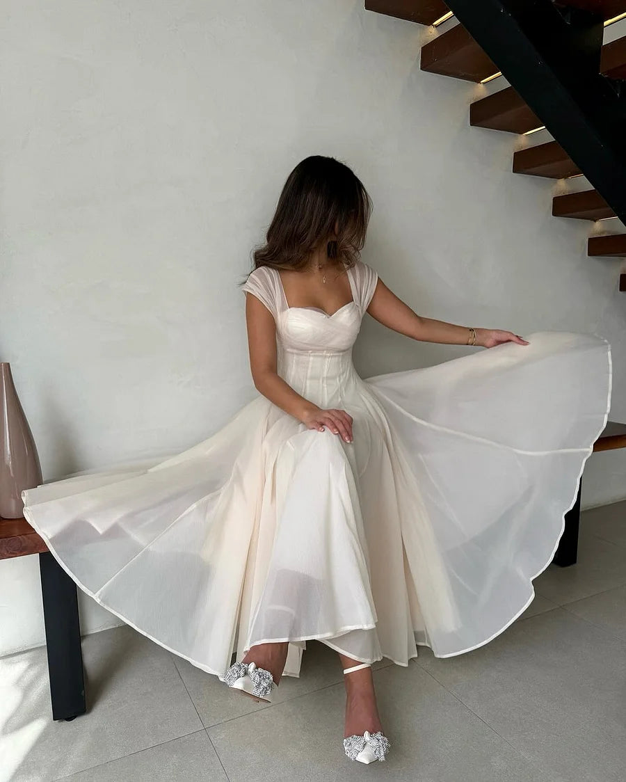 Elegant A-Line Sweetheart Cap Sleeve Lace Up Tea-Length Prom Dress