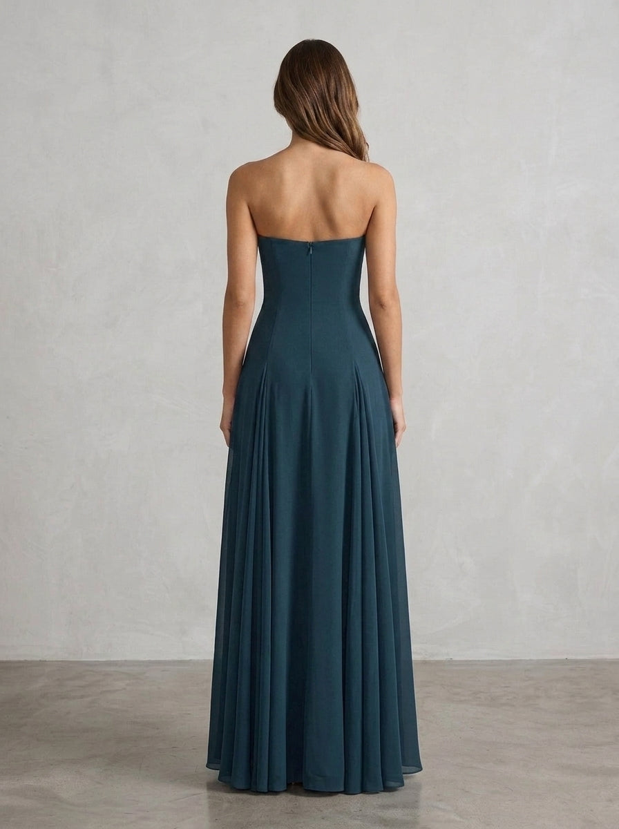 Elegant A-Line Sweetheart Flowing Pleated Deep Teal Floor-Length Prom Dress