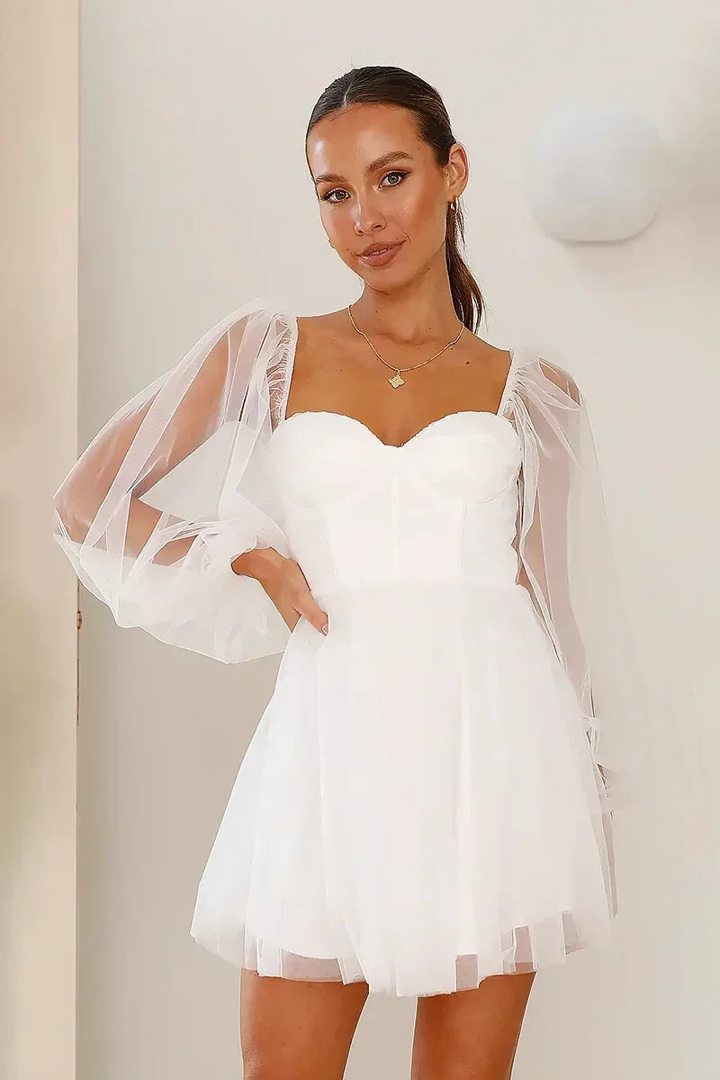 Elegant A-Line Sweetheart Long Puff Sleeves Corset White Mini Homecoming Dresses