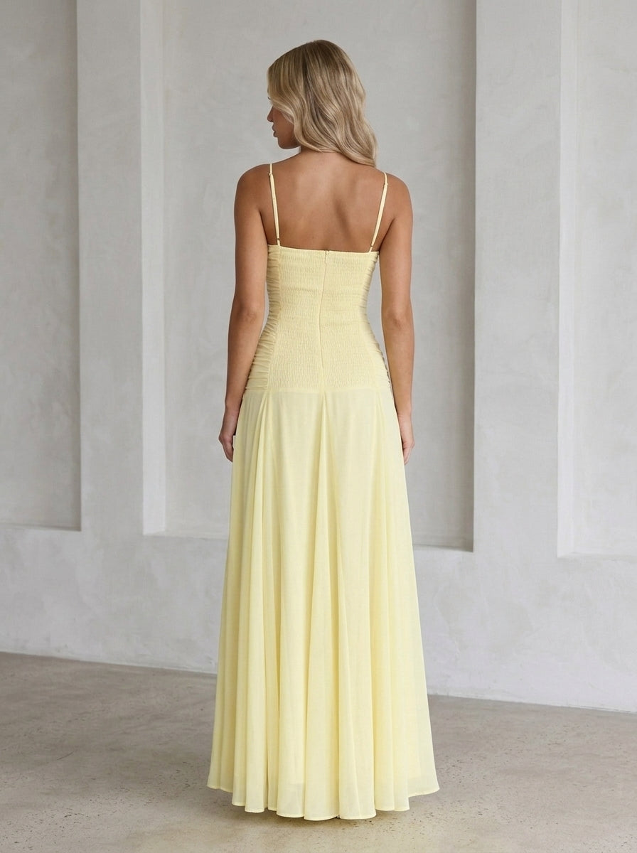Elegant A-Line Sweetheart Ruched Bow-Accent Pale Yellow Maxi Prom Dress