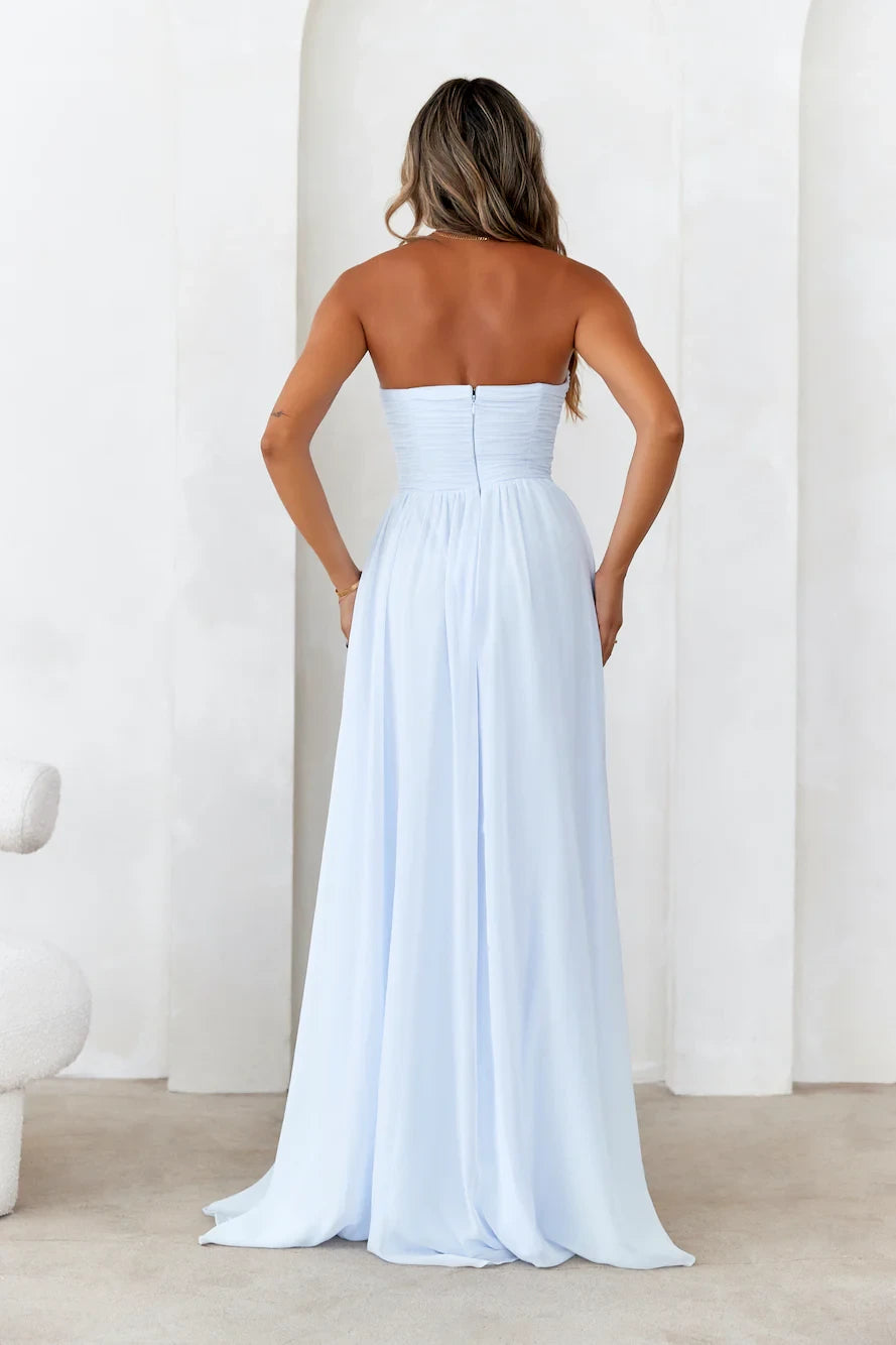 Elegant A-Line Sweetheart Ruched Flowy Light Blue Floor-Length Prom Dress