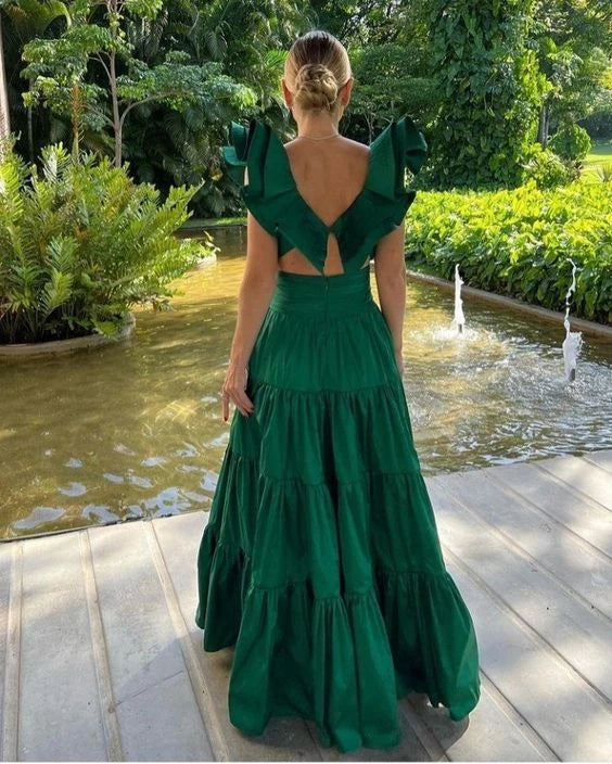 Elegant A-Line Sweetheart Ruffled Tiered Emerald Green Floor-Length Evening Dress
