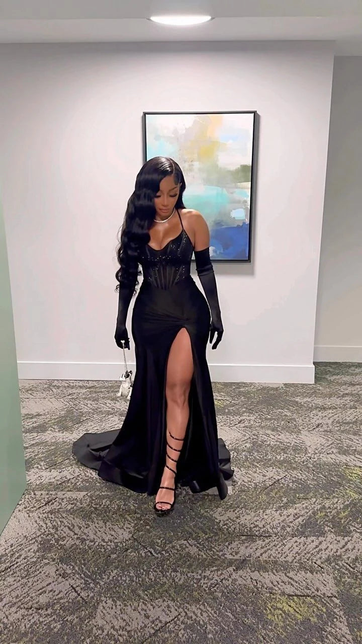 Elegant A-Line Sweetheart Sleeveless High Slit Black Floor-Length Evening Dress Women's Gown