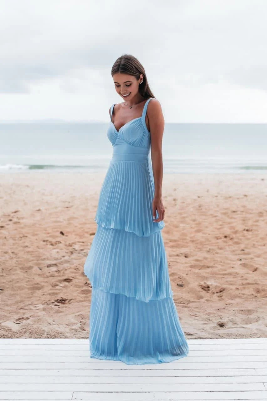 Elegant A-Line Sweetheart Sleeveless Pleated Tiered Sky Blue Floor-Length Evening Dress