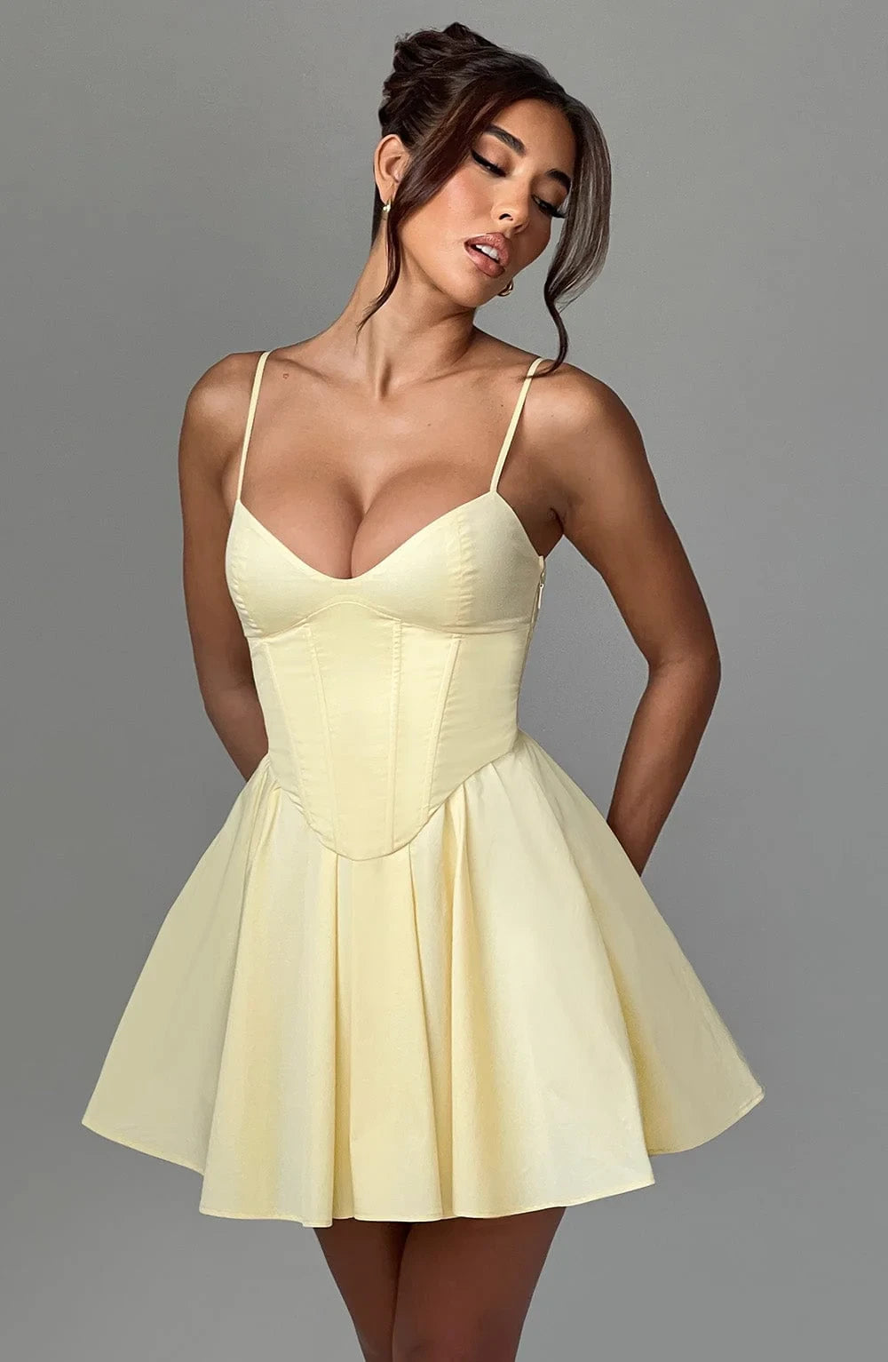 Elegant A-Line V Neck Corset Pleated Pale Yellow Mini Homecoming Dress