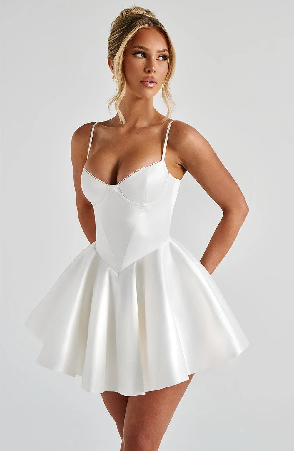 Elegant A-Line V Neck Flared satin Ivory Mini Homecoming Dress Ready To Ship