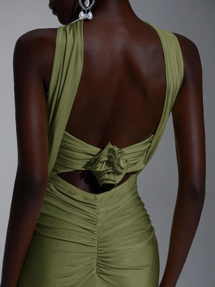 Elegant Mermaid Halter Ruched Fitted Waist Backless Olive Green Floor-Length Prom Dresses