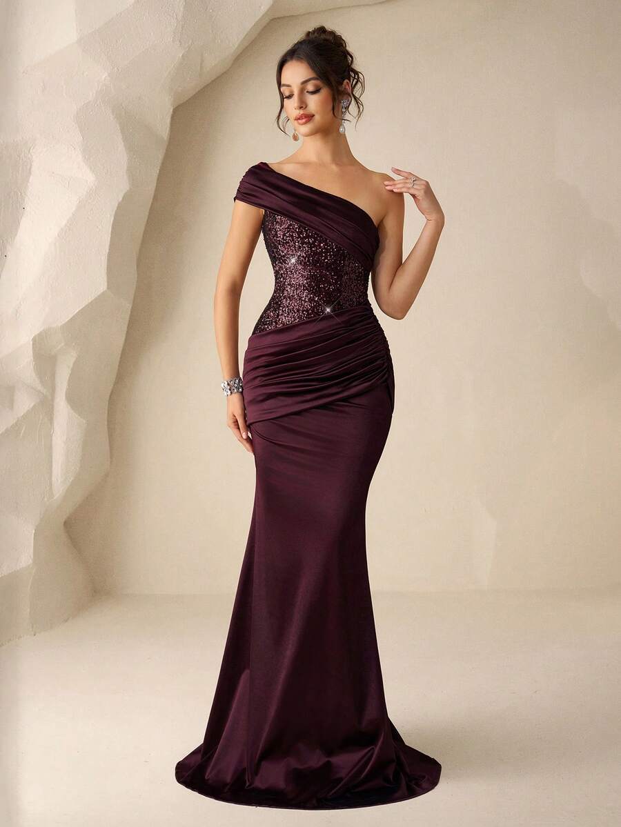 Elegant Mermaid One-Shoulder Ruched Waist Sequined Bodice Burgundy Floor-Length Prom Dresses